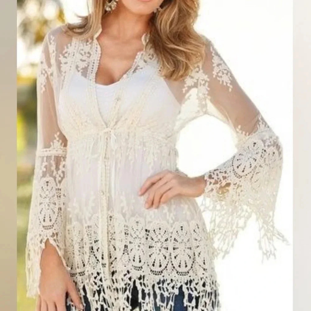 Given‎ Kale Sheer Lace Fringe Kimono Size Medium